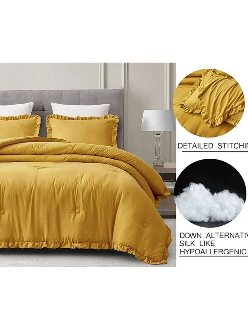 Mustard Yellow Ruffled king 3 piece Comforter Set